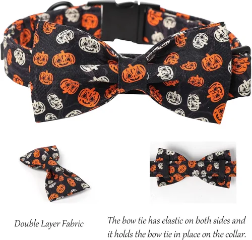 Vista 3 de Lionet Paws Collar de Halloween para perro, lindo collar de algodón ajustable para otoño con corbatín para perro pequeño, mediano y grande, regalo