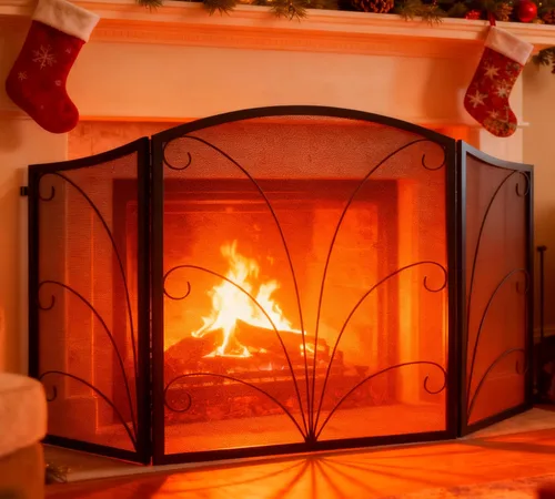 Vista 5 de Kingson - Pantalla para chimenea de 3 paneles con arco decorativo, hecha a mano, de hierro forjado con espiral, cubierta protectora contra chispas
