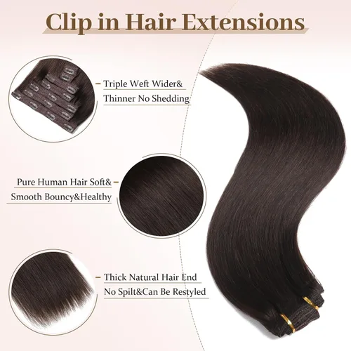 Vista 4 de Sisily Extensiones de cabello humano real con pinzas, extensiones de cabello humano real de alta calidad, color marrón oscuro, extensiones