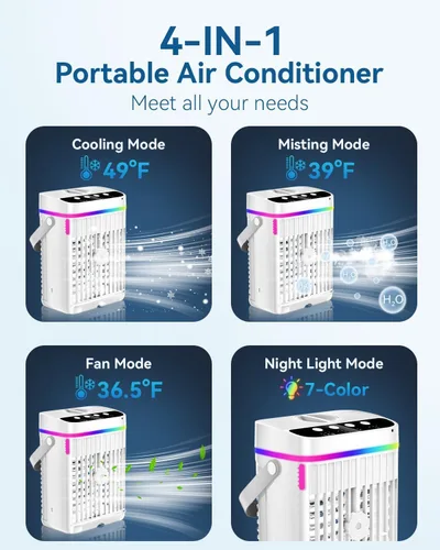 Vista 7 de Aire Acondicionado Portátil, Mini Aire Acondicionado Portátil de 1250ml Ventilador de Enfriamiento de Aire Ventilador de Aire con 3 Velocidades