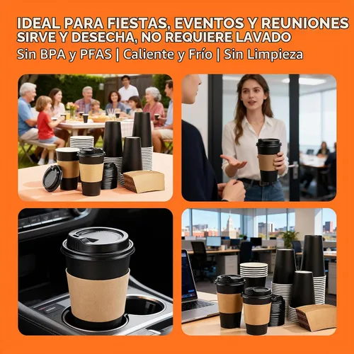 Vista 8 de METAPRINT - Paquete de 100 tazas de café desechables de 16 onzas con tapas Negro
