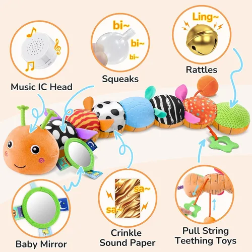 Vista 8 de Awotoy Baby Toys - Juguete musical de oruga interactivo multicolor para bebés, sonajero arrugado, suave con campana de anillo, juguete de peluche