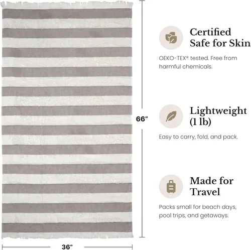 Vista 5 de Toalla de playa turca ligera, 100% algodón BCI, flecos crudos sin blanquear, certificado Oeko-TEX, absorbente, respetuosa con el medio ambiente, 36