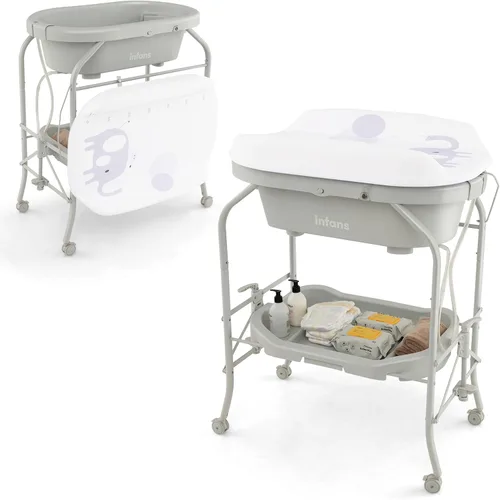 Vista 10 de INFANS Mesa cambiadora de bebé 2 en 1 con unidad de bañera, estación cambiadora de pañales plegable con ruedas, almohadilla impermeable, estante