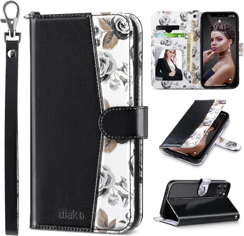 Vista 18 de ULAK Compatible con iPhone 12 Pro Max Funda Cartera con Portarjetas, Funda de Cuero PU con Soporte Plegable Ranuras para Tarjetas Correa de Muñeca