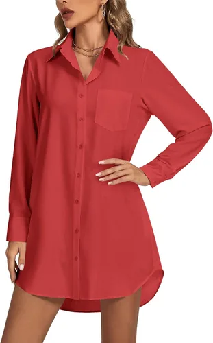 Vista 11 de LYANER Vestido camisero para mujer con cuello en V, botones, manga larga y dobladillo curvado