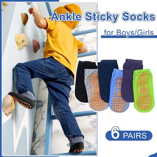 Vista 3 de HYCLES Calcetines antideslizantes para niños y niñas, calcetines adhesivos para el tobillo, calcetines antideslizantes para niños, 6 pares