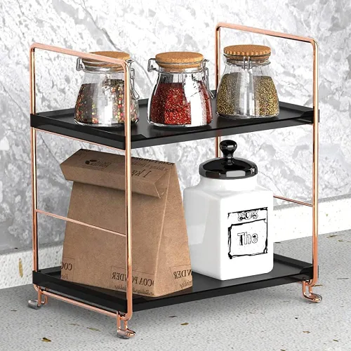Vista 8 de Estante de especias de cocina de 2 niveles, estante organizador apilable independiente, organizador de baño y cosméticos, estante cuadrado de pie