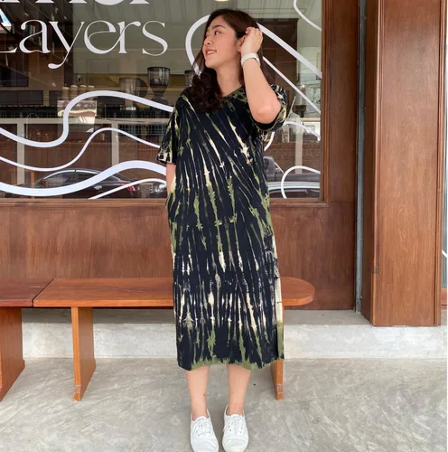 Vista 3 de Liyana & CO. Vestido de teñido anudado para mujer, vestido de manga corta, vestido de verano casual, holgado, maxi vestido con bolsillos