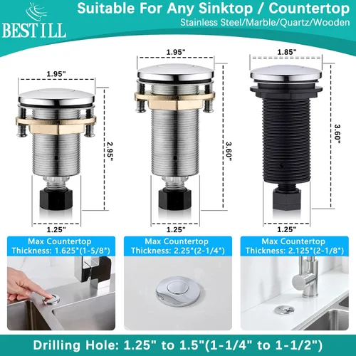 Vista 5 de BESTILL Kit de interruptor de aire de eliminación de basura de metal, botón largo de cromo pulido certificado UL para triturador de residuos, botón