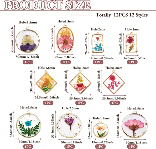 Vista 2 de Dijes de resina de flores secas, corazón redondo, lágrima, rombo, rectángulo, resina epoxi, aretes para manualidades, collares, pulseras