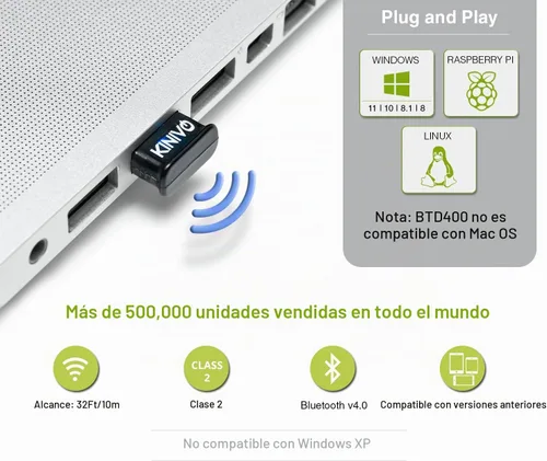 Vista 3 de Adaptador USB Bluetooth Kinivo para PC BTD400 (dongle receptor Bluetooth 4.0, baja energía) - Compatible con Windows 11/10/8.1/8, Raspberry Pi