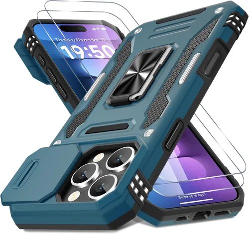 Vista 313 de DEERLAMN Funda para iPhone Xs Max con funda deslizante para cámara + protector de pantalla, soporte giratorio de anillo de grado militar a prueba