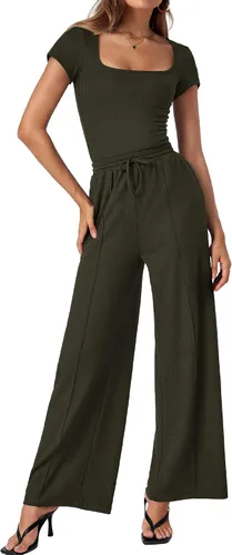 Vista 2 de BTFBM Conjunto casual de 2 piezas para mujer, con cuello cuadrado, manga corta, con cordón, pantalones de punto, a juego