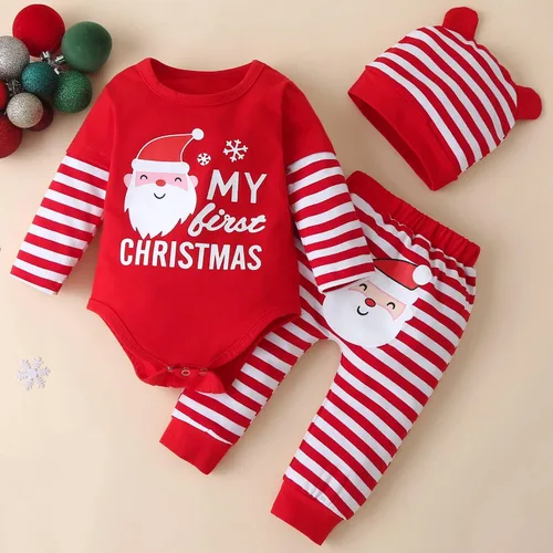 Vista 2 de Fullfamous Conjunto de mameluco y pantalón de 3 piezas con volantes de manga larga para bebé niña christmas 1