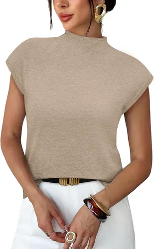 Vista 16 de Sampeel Suéter de manga corta para mujer, cuello alto, para verano, elegante, informal, básico, de punto