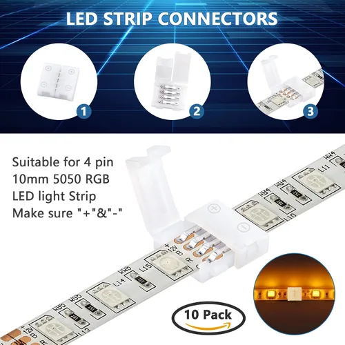 Vista 2 de Paquete de 10 conectores de tira de luz LED RGB de 4 pines, terminal adaptador sin soldadura y sin huecos para tiras LED flexibles SMD 5050 RGB