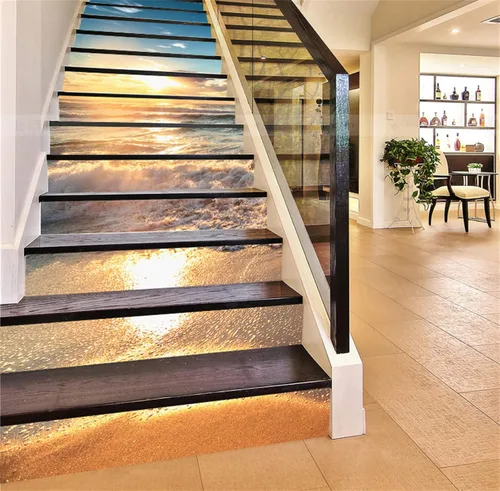 Vista 8 de artfanke 13 piezas de adhesivos 3D de amanecer en la playa - Adhesivos para escalones de pelar y pegar para decoración de hogar y oficina - 39,37" x