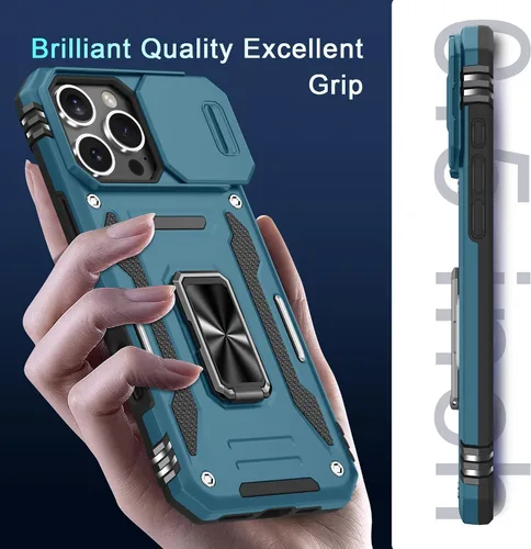 Vista 319 de DEERLAMN Funda para iPhone Xs Max con funda deslizante para cámara + protector de pantalla, soporte giratorio de anillo de grado militar a prueba