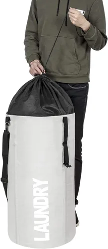 Vista 5 de Chrislley Cesta de lavandería plegable 106L, mochila de lavandería, bolsa Beige