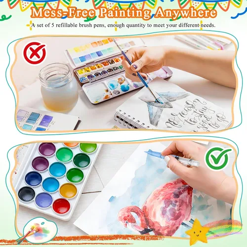 Vista 3 de NUOBESTY Juego de 5 pinceles de agua – Plumas recargables para acuarela, caligrafía, pintura, dibujo, álbum de recortes y bocetos