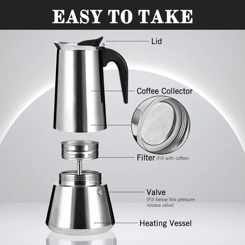 Vista 11 de Estufa de acero inoxidable Moka Pot Espresso Maker Percolator 12 tazas 20.3 fl oz portátil italiano Greca Cafetera cubana para gran familia, hogar