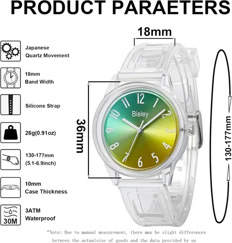 Vista 4 de Reloj transparente para mujer, colorido esfera de arco iris, reloj analógico, simple e impermeable para niñas