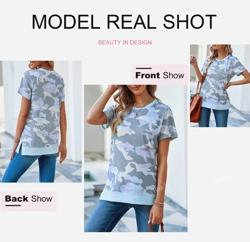 Vista 4 de Biucly Camiseta de manga corta con cuello redondo para mujer