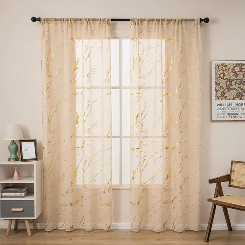 Vista 6 de Cortinas Transparentes Beige con Estampado de Lámina de Mármol Dorado de 63 Pulgadas de Largo para Cuarto de Bebé, Paneles de Ventana con Bolsillo