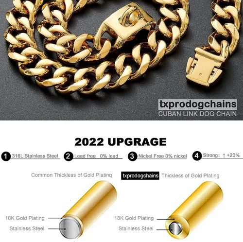 Vista 6 de txprodogchains Collar de cadena para perro grande con hebilla, resistente de 0.748 in de grosor, acero inoxidable, oro de 18 quilates, cadena
