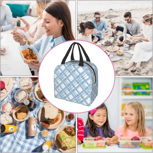 Vista 9 de Nerxy Lonchera a cuadros de búfalo azul, moderna, 8 x 5 x 8.5 pulgadas, suave bolsa de almuerzo para mujeres, niños, adultos, trabajo, escuela