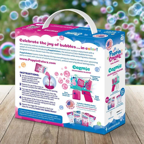 Vista 9 de PoppinColorz Cozmic - Pistola de burbujas de color con 1 rosa, 1 azul y 2 soluciones de burbujas transparentes, fabricado en los Estados Unidos,