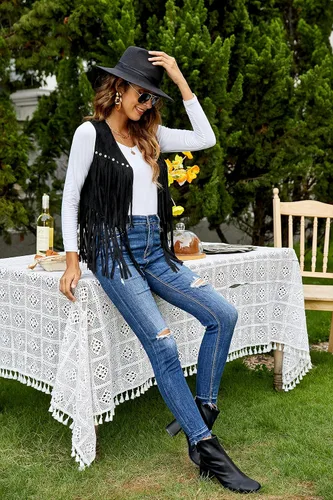 Vista 6 de HOTLOOX Chaleco de borla para mujer, estilo hippie de los años 70, gamuza sintética, remaches, sin mangas, chaqueta con flecos, S-XXXL