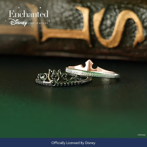 Vista 4 de Jewelili Enchanted Disney Fine Jewelry - Anillo de plata de ley con diamantes redondos negros y blancos naturales tratados con oro rosa y oro rosa