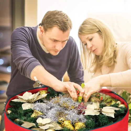 Vista 6 de Bolsa de almacenamiento para coronas navideñas resistente de 36 pulgadas, con asas fabricadas de material duradero de poliéster Oxford 600D, bolsa