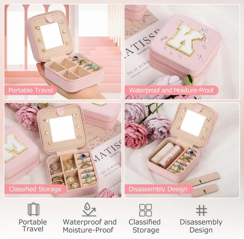 Vista 3 de Joyero de viaje para joyas, organizador de joyas pequeño con espejo, caja organizadora de joyas, artículos esenciales de viaje, regalos