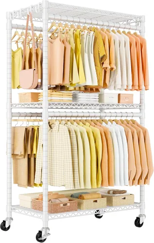 Vista 11 de ULIFHOME P5 Plus - Perchero resistente para colgar ropa, perchero de metal con ruedas, estante portátil de 3 niveles para armario de 45 pulgadas