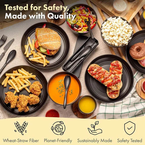 Vista 3 de FOODLE Juego de vajilla de paja de trigo, sin BPA, irrompible, apto para microondas y lavavajillas, alternativa a los platos de plástico, perfecto