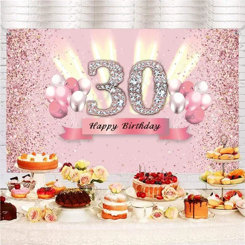 Vista 3 de Decoraciones de cumpleaños número 30 para mujer, cartel de fondo de feliz cumpleaños 30, cartel de tela para fiesta de aniversario de 30 años