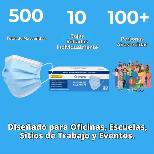 Vista 2 de 500 cubrebocas desechables de alta calidad, suave, alambre de nariz de 3 capas