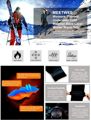 Vista 3 de MEETWEE Ropa interior térmica para mujer, Long Johns Ski para clima frío, capa base, cálida parte superior e inferior de invierno para correr
