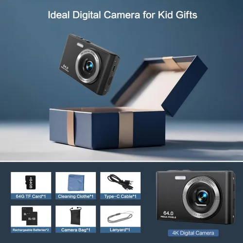 Vista 6 de DAILPIC - Cámara digital 4K 1080P de doble lente para fotografía, cámaras digitales de punto y disparo de 64 MP con tarjeta TF de 64 GB, zoom