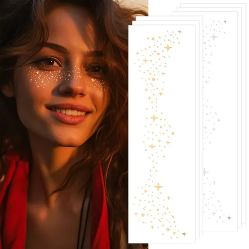 Vista 7 de Pecas con purpurina para tatuajes faciales, 6 hojas de parches de maquillaje facial con estrellas doradas y plateadas, pecas falsas lindas
