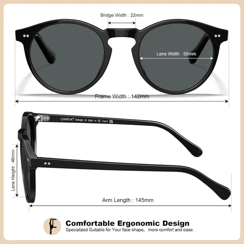 Vista 13 de CARFIA Gafas de sol redondas de acetato para hombre, polarizadas, protección UV, gafas de sol clásicas retro CA5289L