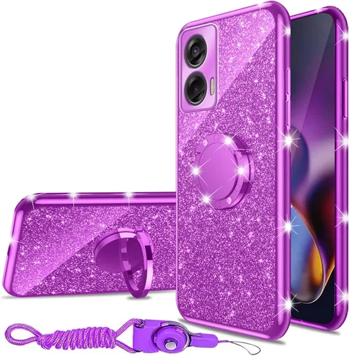 Vista 11 de nancheng Funda para Motorola Moto G Play 2024 (6.5 pulgadas) para niñas y mujeres, bonita funda de teléfono de TPU suave con purpurina y anillo