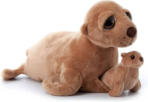 Vista 8 de The Petting Zoo Peluche de león marino para mamá y bebé, regalos para niños, animales del océano Pocketz, juguete de peluche de león marino de 14
