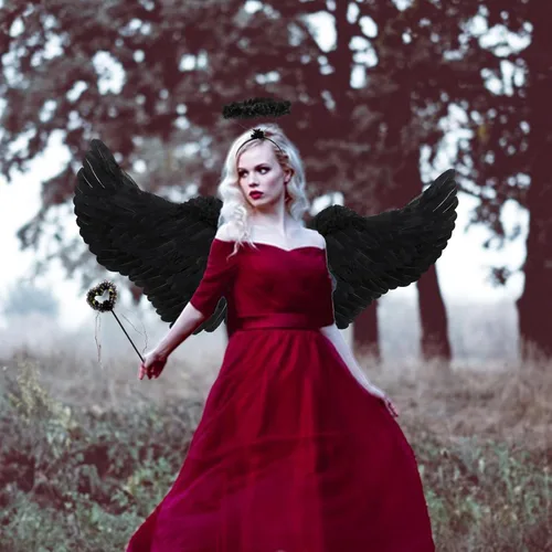 Vista 2 de Disfraz de alas de ángel y halo para adultos, alas de ángel de plumas para mujeres, niños y niñas, disfraz de fiesta temática de Halloween