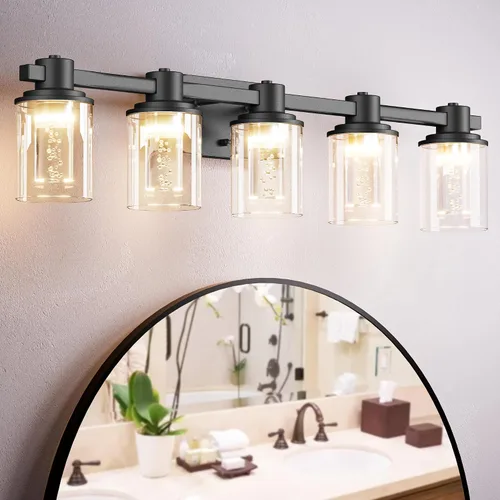 Vista 29 de Quntis Lámparas de baño de níquel cepillado con 5 modos de color, lámpara de tocador de baño moderna regulable de 3 luces sobre espejo, lámpara