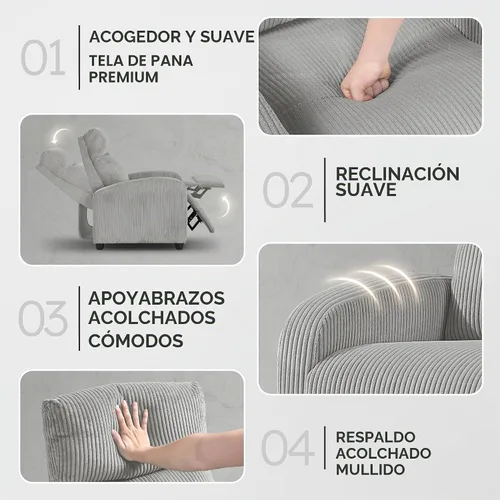Vista 4 de Lexicon Sillón Reclinable de Pana con Respaldo Empujable Sillón Butaca Reclinable de Empuje hacia Atrás, Marco de Madera Sólida y Base de Metal Gris