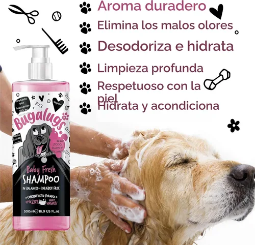 Vista 3 de BUGALUGS Baby Fresh - Champú para perros de 16.85 onzas líquidas, producto de aseo para perros malolientes con aroma a polvo de bebé, el mejor